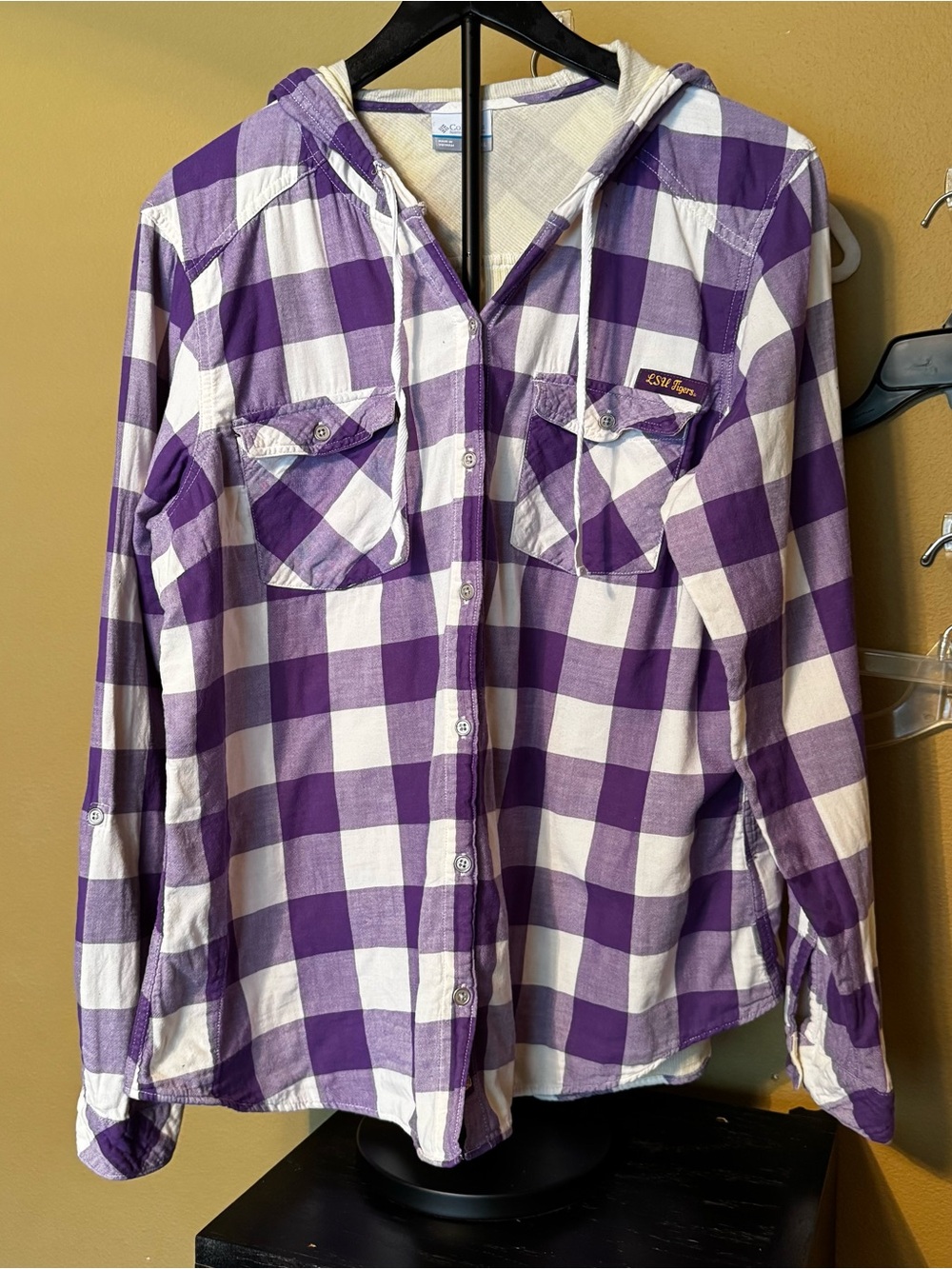 Columbia LSU Tigers Women’s XL Purple Plaid Hooded Flannel Shirt Roll Tab - Picture 2 of 12